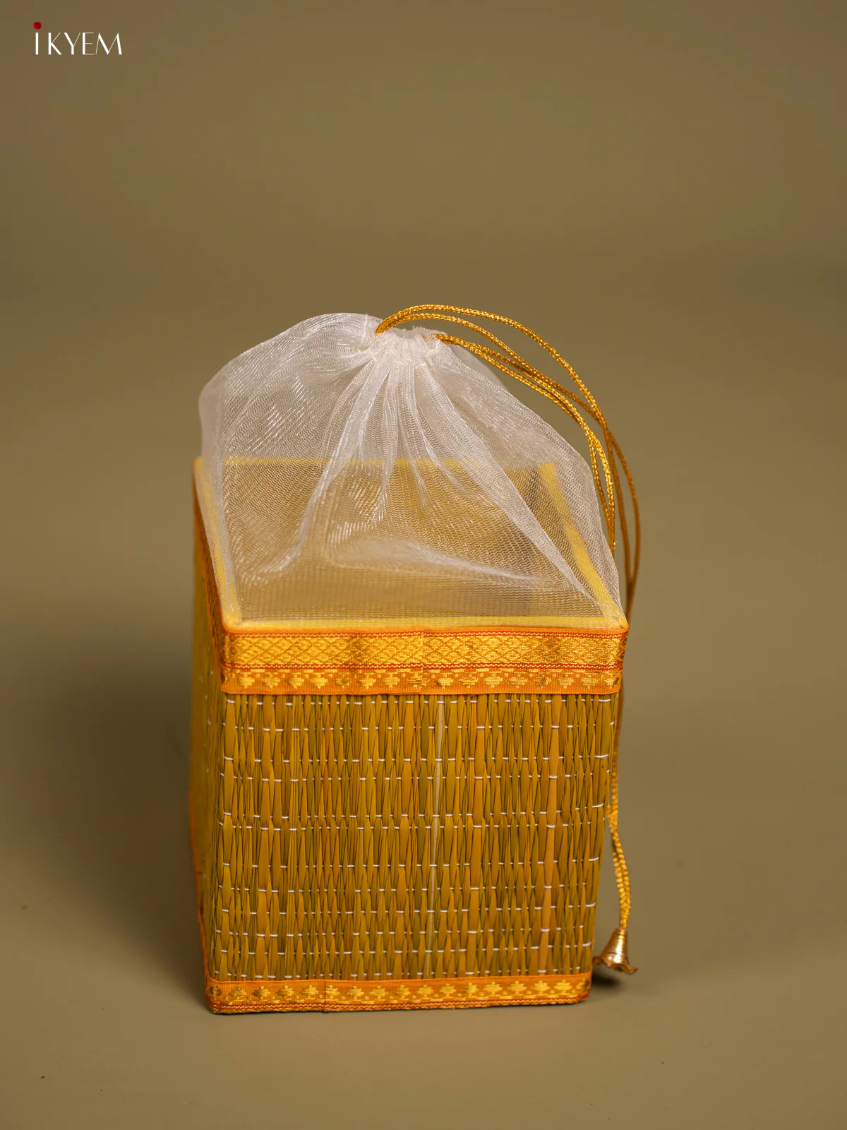 Yellow Korai Gift Box with Net Potli & Cow Motif - KF25162 - Image 3