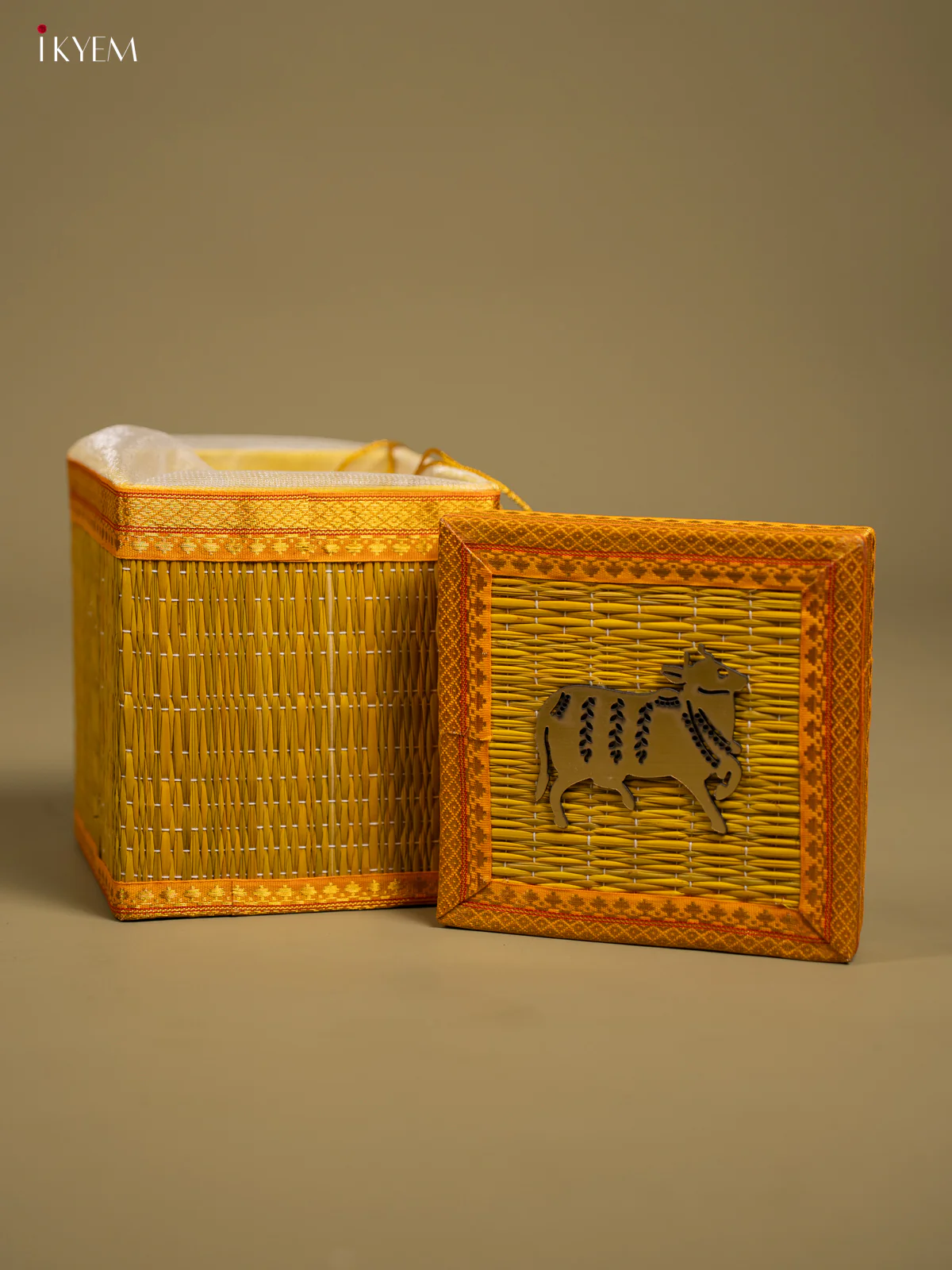 Yellow Korai Gift Box with Net Potli & Cow Motif - KF25162 - Image 4