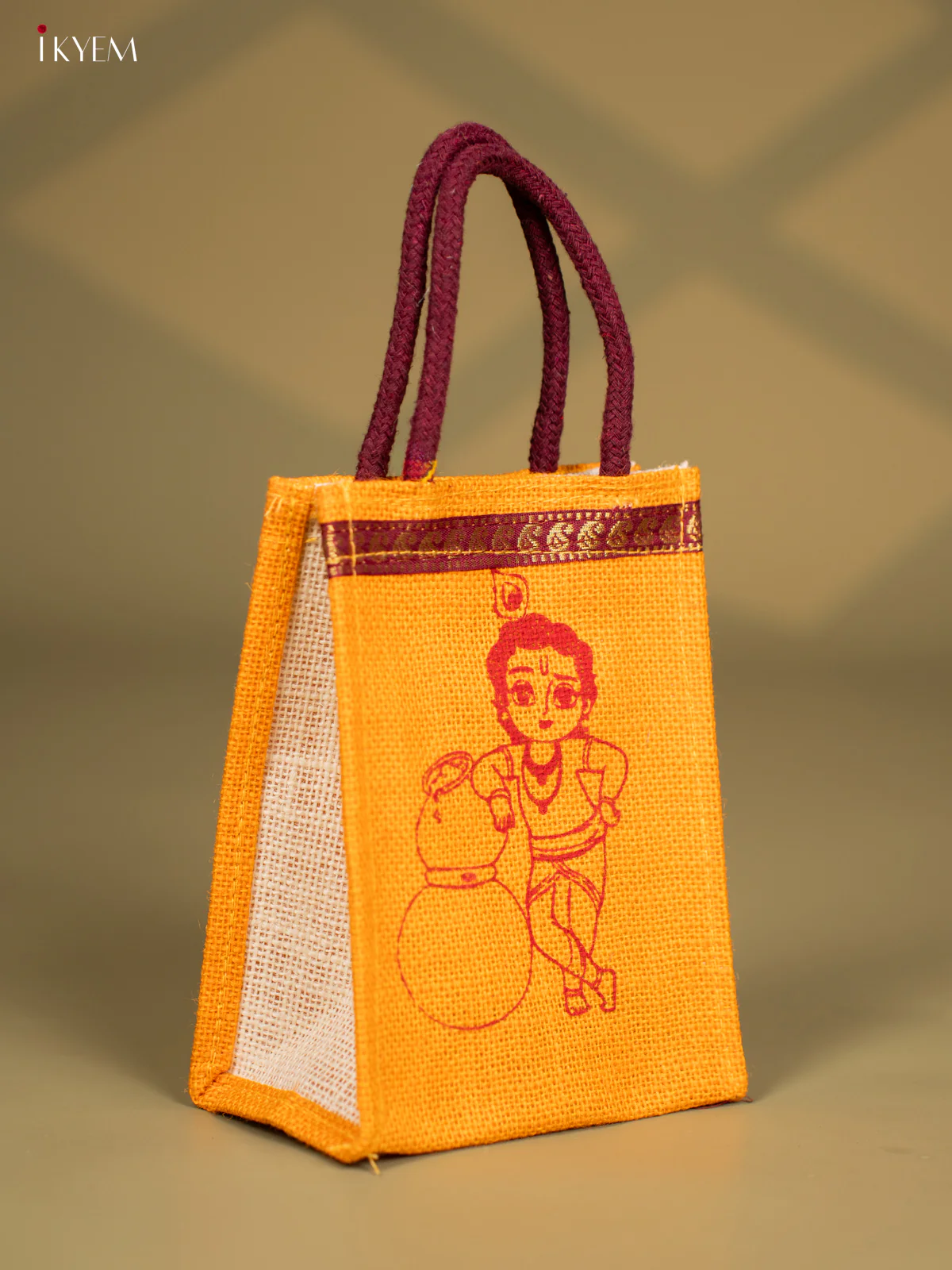 Cute Krishna Printed Yellow Jute Bag - 8 Inch -KG08120 - Image 2