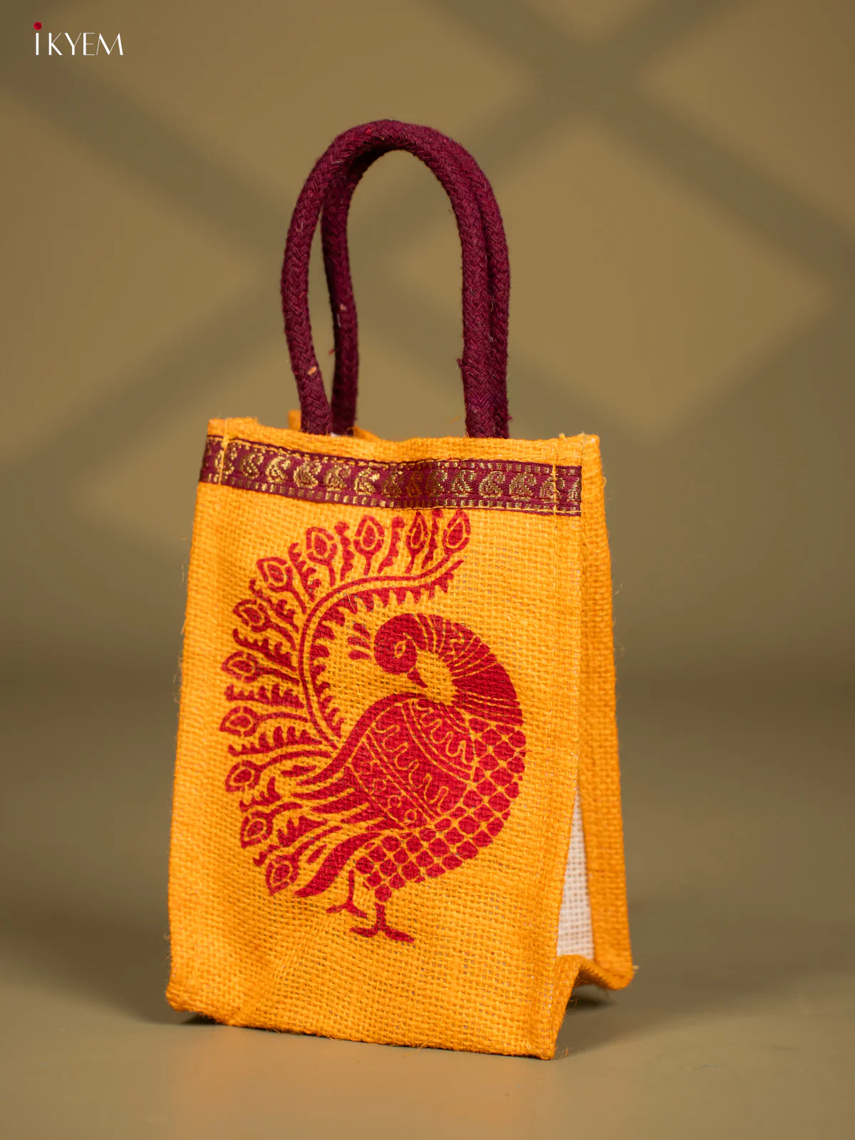 Exquisite Yellow Jute Bags With Peacock Print - 8 Inch - KG08113 - Image 3