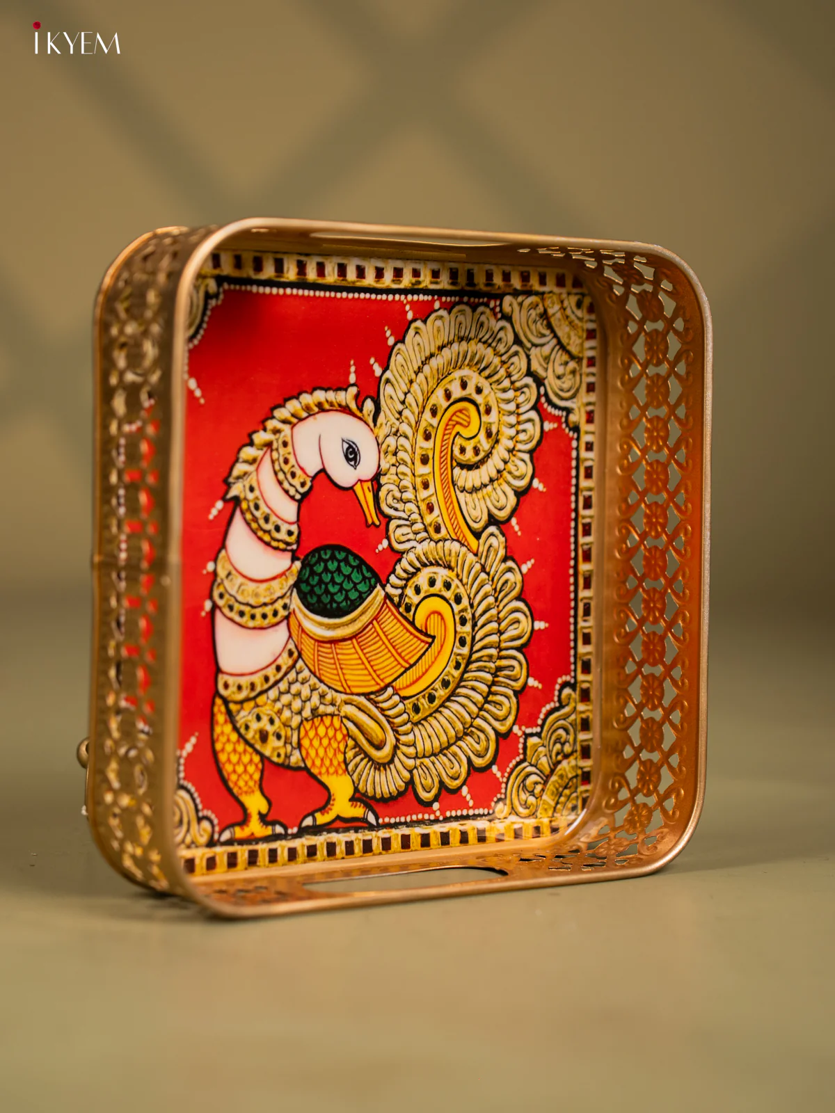 Yellow Peacock Printed Red Colour Square Metal Tray - KF24194 - Image 2