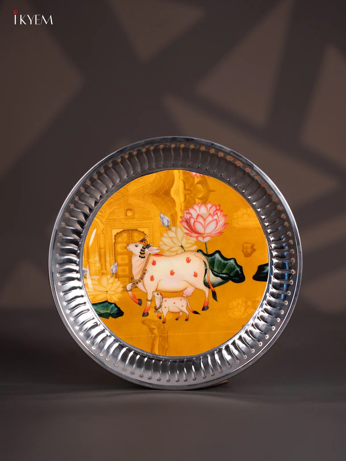 Artistic Pichwai Cow & Calf Printed Stainless Steel Plate (9x9 Inches) - KI26117