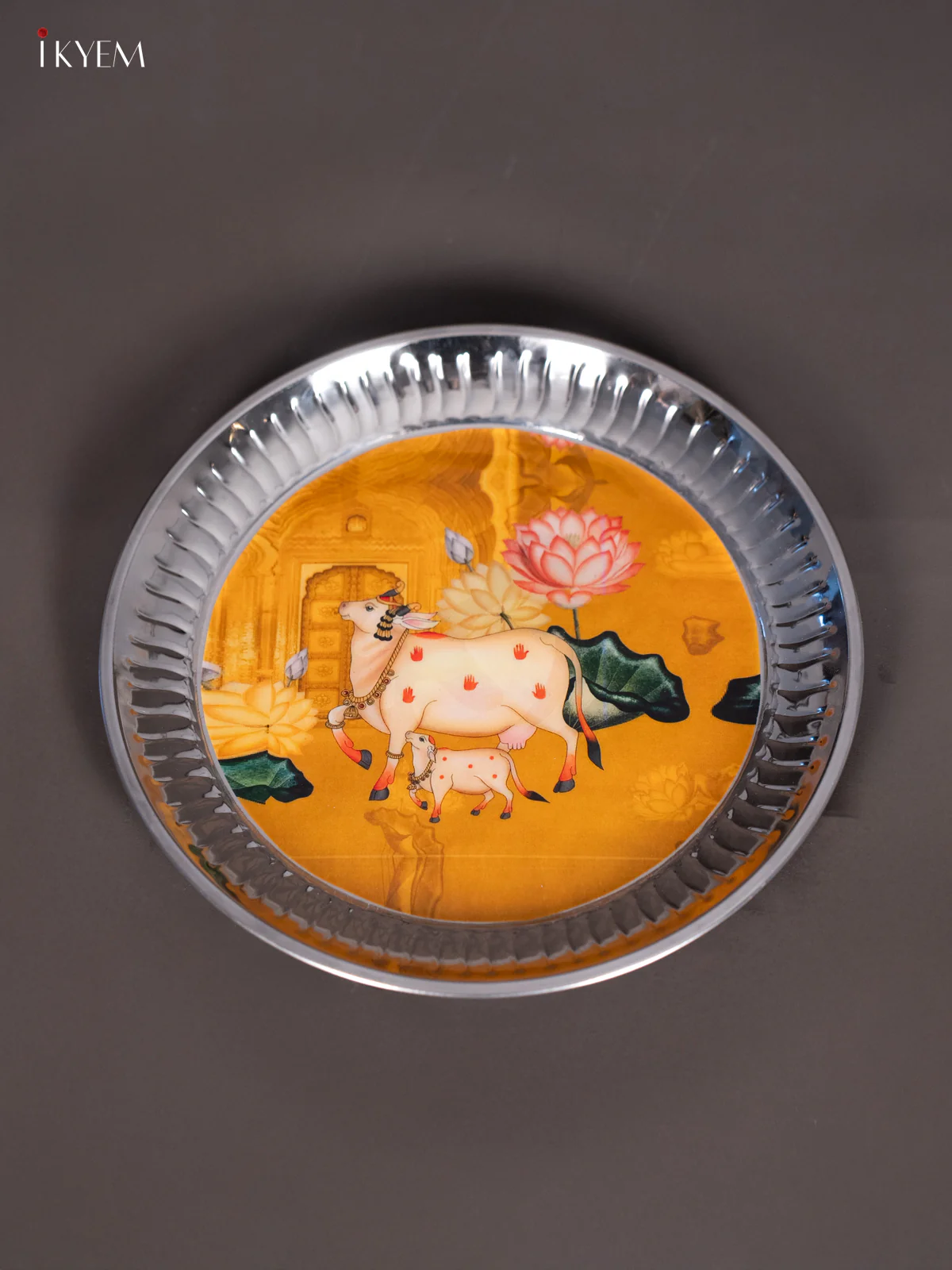 Artistic Pichwai Cow & Calf Printed Stainless Steel Plate (9x9 Inches) - KI26117 - Image 3