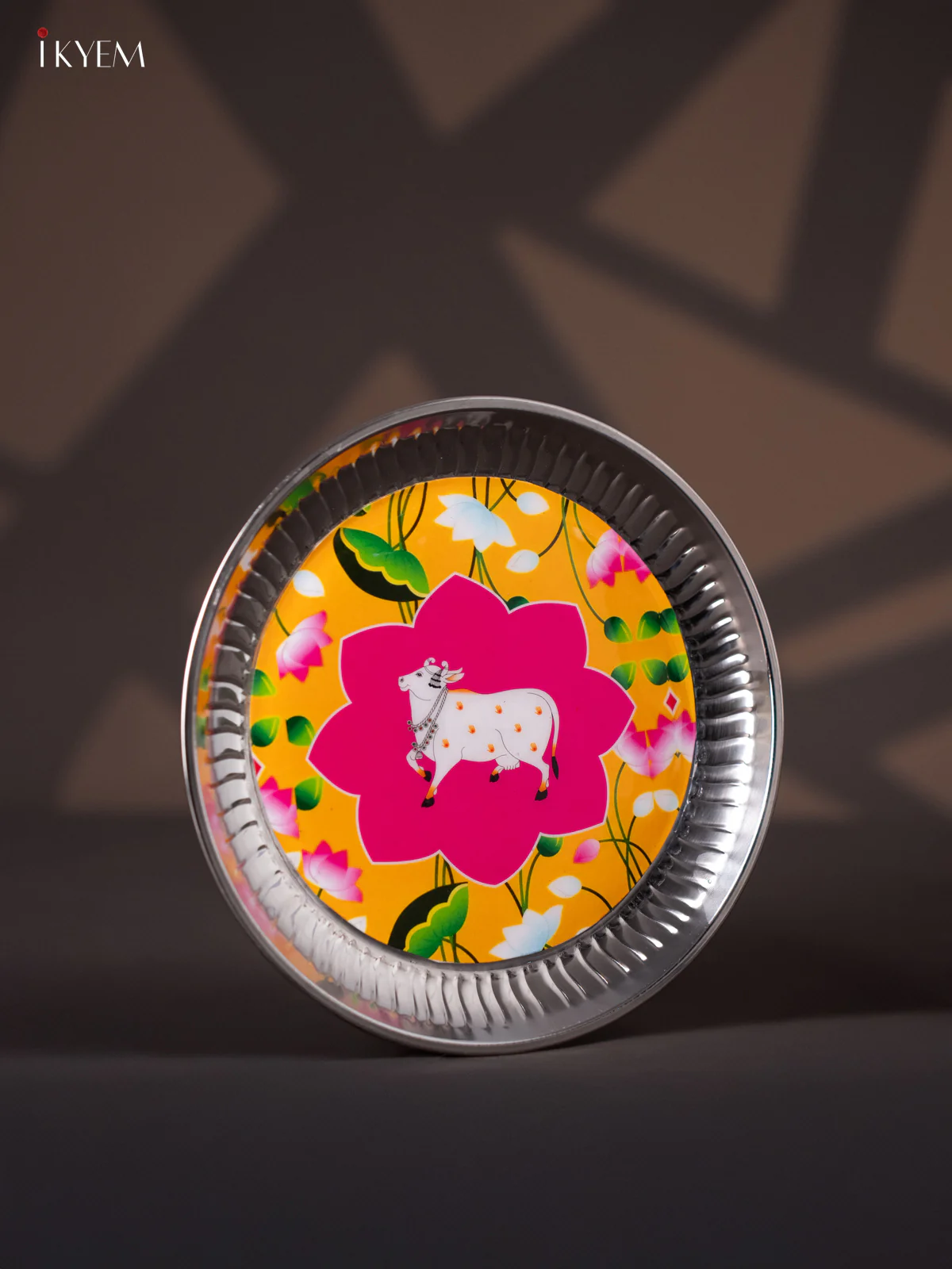 Graceful Pichwai Cow Printed Stainless Steel Plate (9x9 Inches) - KI26119 - Image 2