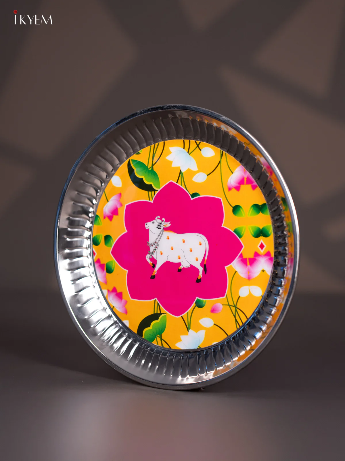 Graceful Pichwai Cow Printed Stainless Steel Plate (9x9 Inches) - KI26119 - Image 4