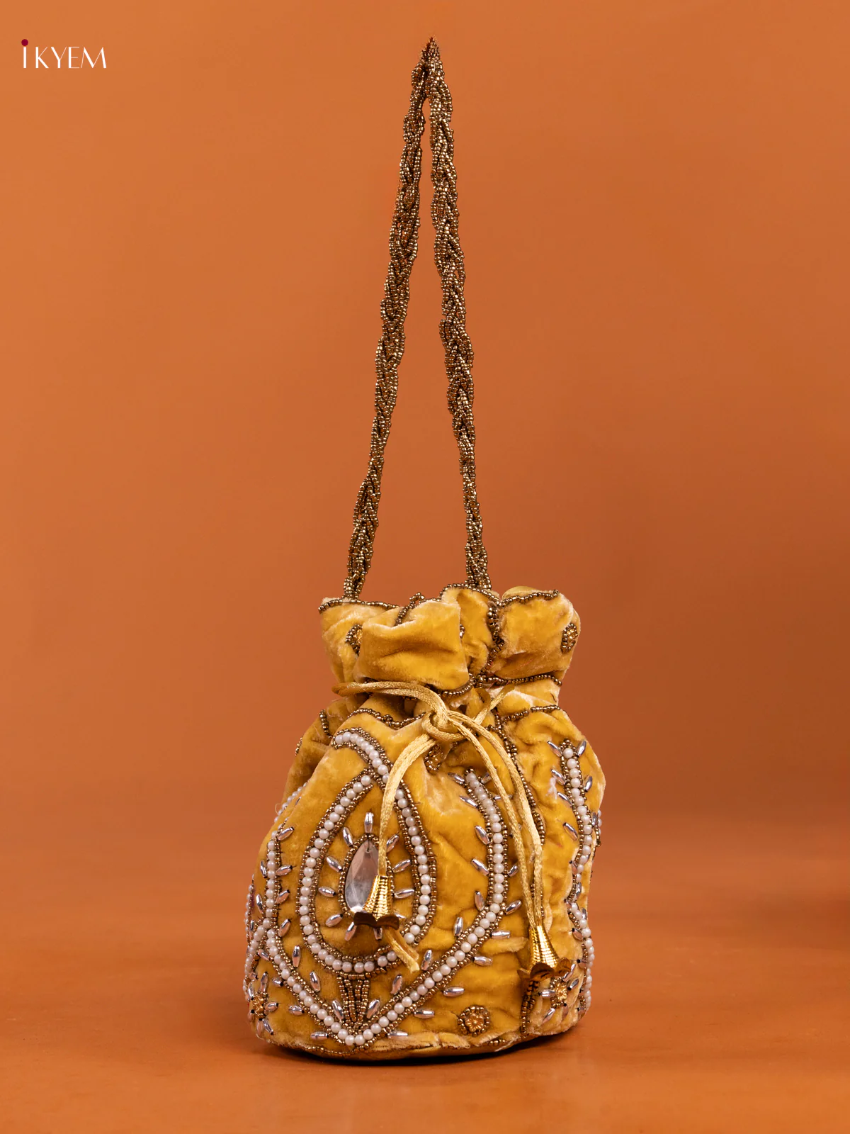 Yellow Potli Bag with Pearl & Bead Embroidery - KD26557